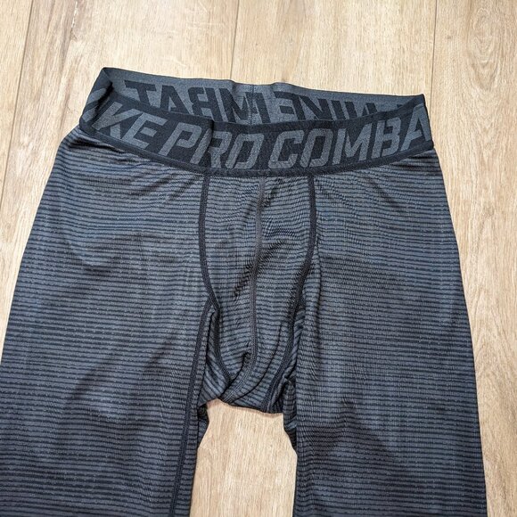 Nike Pro Combat Compression Pants Dri Fit Black Gray Striped Leggings Mens L - Picture 2 of 9
